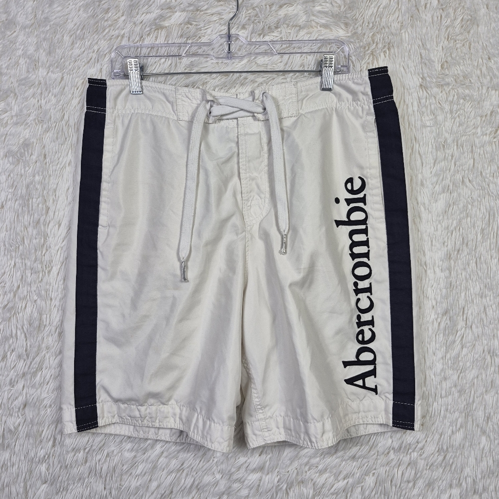 Abercrombie & Fitch Mens‎ L White Lined Board Shorts Spell Out Y2K Preppy
